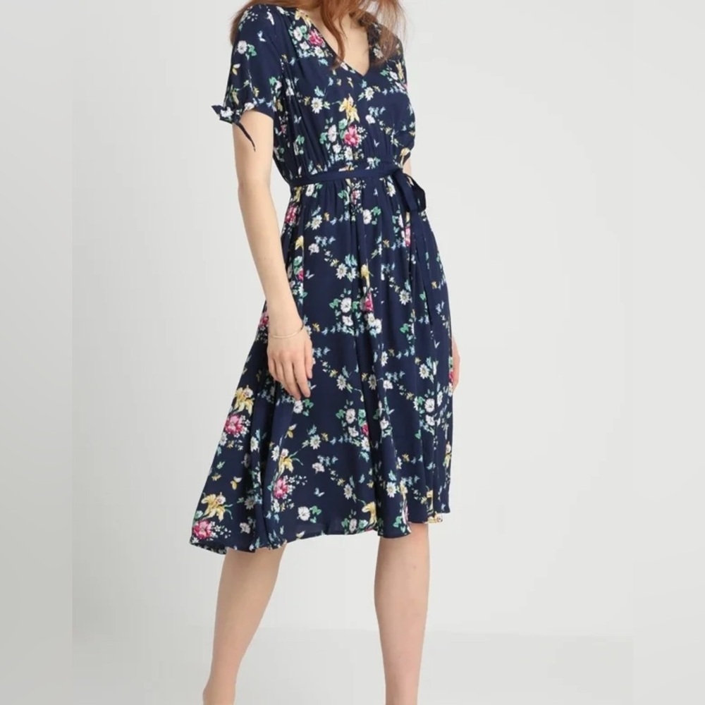 GAP Womens Navy Floral Butterfly V-Neck Midi Dress Short Sleeve Tie Detail Med